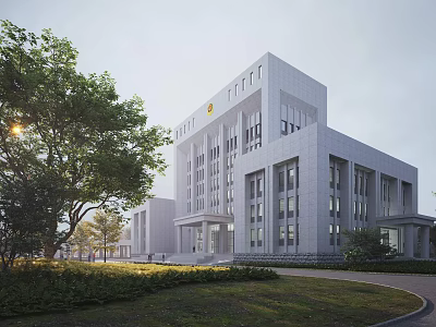 Modern White Multi Storey Office Building With Front Lawn Trees And Landscaping 3d model