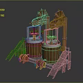 Traditional Wooden Architectural Structure with Twin Barrels Windmill Wheels Ladders and Stone Base