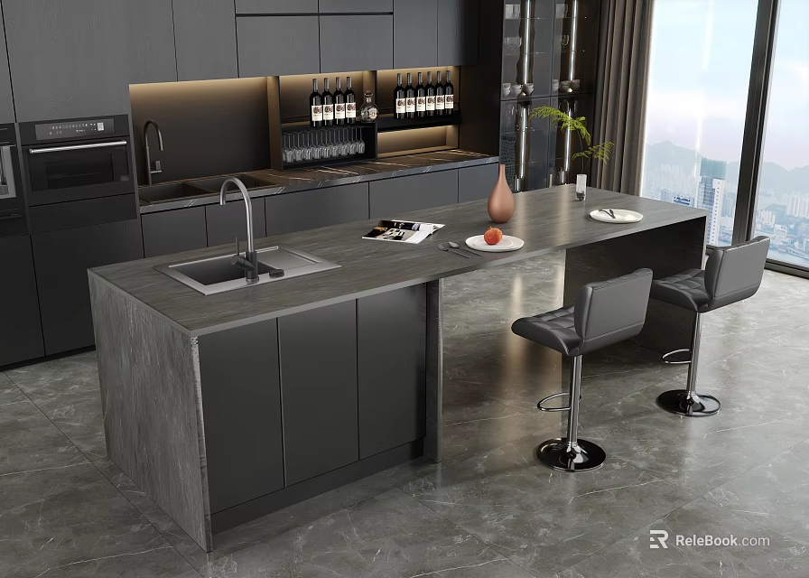 Modern Black Kitchen Dining Table Set With Island Counter Sink And Bar Stools 3d model 