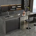 Modern Black Kitchen Dining Table Set With Island Counter Sink And Bar Stools 3d model