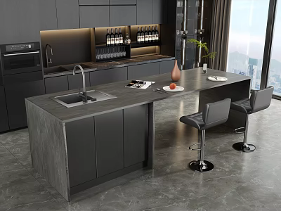 Modern Black Kitchen Dining Table Set With Island Counter Sink And Bar Stools 3d model