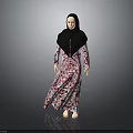 Woman in Floral Dress and Black Hijab Standing Against Gray Background
