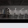 Modern Office Interior With Open Space High Ceiling Concrete Columns Large Windows Blinds And Furniture