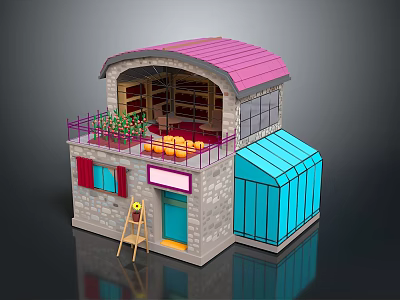 Charming Stone Building With Pink Roof Blue Greenhouse Balcony Plants Windows And Ladder 3d model
