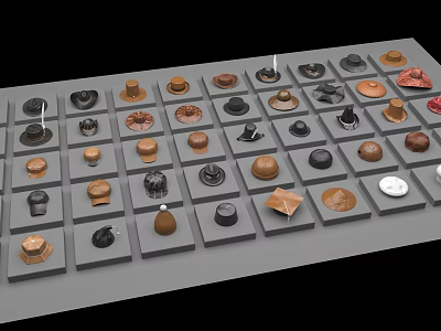Various Styles And Different Colors Hats Neatly Arranged On Display Platform 3d model
