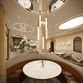 Modern Restaurant Interior Design With Round Ceiling Lights White Tables Beige Chairs And Palm Tree