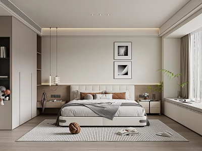 Modern Bedroom With Comfortable Bed Framed Wall Art Pendant Light Soft Rug And Potted Plant 3d model