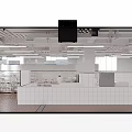Bright Commercial Kitchen Interior With Stainless Steel Equipment Tile Floor Hanging Signs And Working Chefs