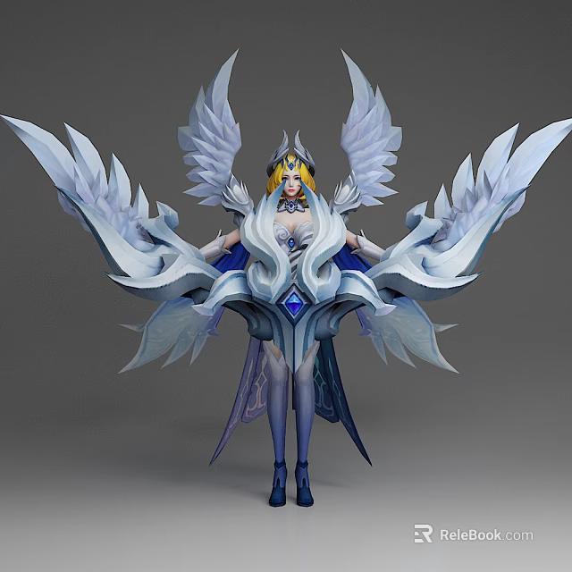 Game Fantasy Female Character With Large White Wings Golden Hair And Ornate Blue Costume Crown 3d model 