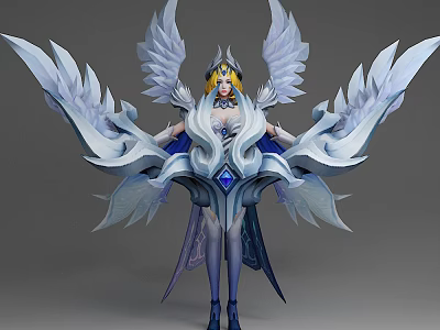 Game Fantasy Female Character With Large White Wings Golden Hair And Ornate Blue Costume Crown 3d model