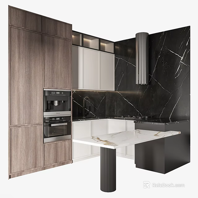 Modern Kitchen With Wooden Cabinets Integrated Appliances And Marble Countertops 3d model 