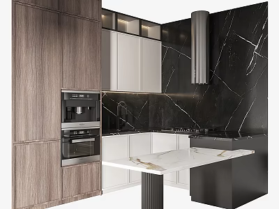 Modern Kitchen With Wooden Cabinets Integrated Appliances And Marble Countertops 3d model