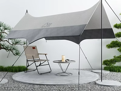 Outdoor Camping Tent Setup With Folding Chair Small Table And Green Plants 3d model