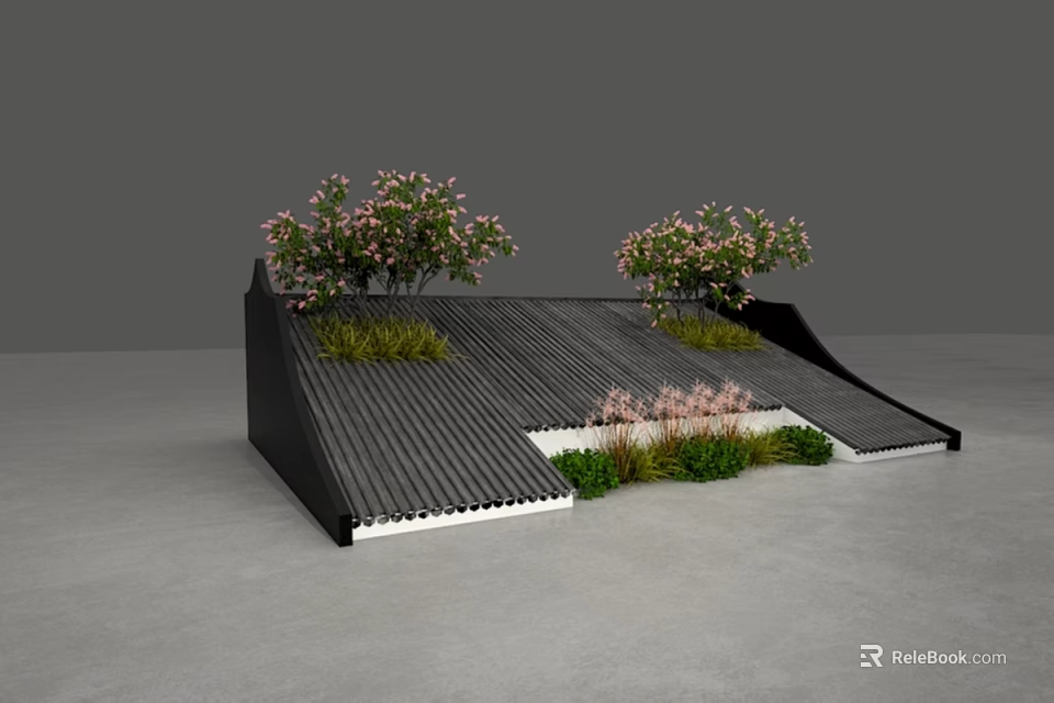 Modern Building Model With Sloped Black Tile Roof Pink Flowering Trees And Green Grass 3d model 