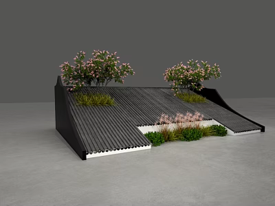 Modern Building Model With Sloped Black Tile Roof Pink Flowering Trees And Green Grass 3d model