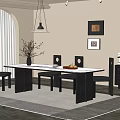Modern Dining Table and Chairs with Vase Plants Fruit Bowl Rug and Wall Art