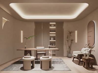 Modern Elegant Office Interior With Wooden Desk Round Stools Green Plants And Curved Design 3d model