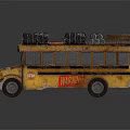 Rusty Old Yellow Bus Loaded with Multiple Barrels and Boxes on Roof 3d model