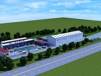 Road Infrastructure With Lanes Green Belts Trees And Industrial Buildings 3d model