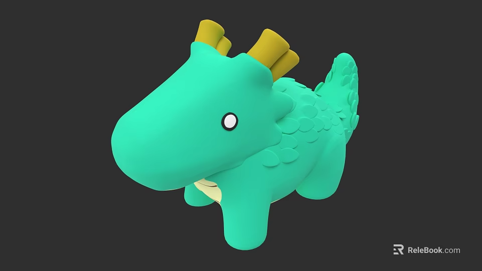 Green Cartoon Dragon Toy With Yellow Horns And Scales On Black Background 3d model 
