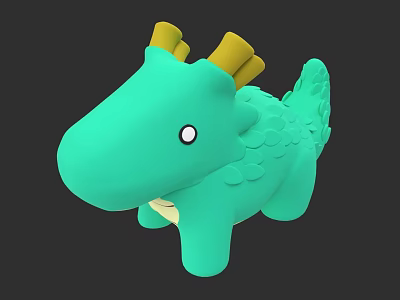 Green Cartoon Dragon Toy With Yellow Horns And Scales On Black Background 3d model