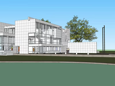 Modern Office Building With White Exterior Large Glass Windows And Trees 3d model