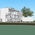 Modern Office Building With White Exterior Large Glass Windows And Trees