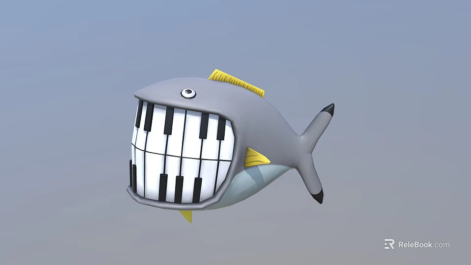 Gray Cartoon Fish with Piano Keys Mouth and Yellow Fins Musical Instruments Art Supplies 3d model 