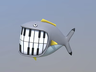Gray Cartoon Fish with Piano Keys Mouth and Yellow Fins Musical Instruments Art Supplies 3d model