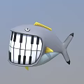 Gray Cartoon Fish with Piano Keys Mouth and Yellow Fins Musical Instruments Art Supplies