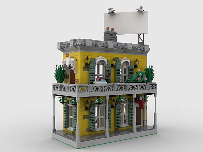 Yellow Two Story Building Blocks Model With Balcony Windows Green Plants Chimney And Blank Billboard 3d model