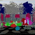 Rockery Stones in Courtyard Garden With Green Trees Colorful Flowers Stone Path and Wooden Fence