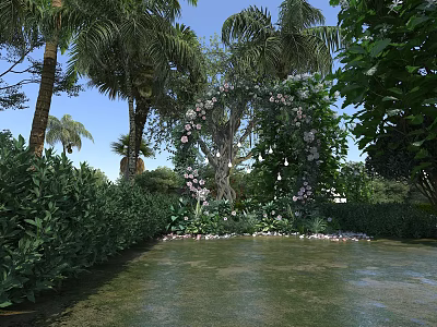 Palm Trees Lush Greenery And Flower Arch Over Water Surface In Garden 3d model