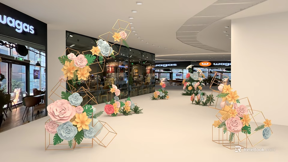Indoor Shopping Mall Floral Display With Geometric Gold Frames And Colorful Flowers 3d model 