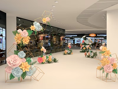 Indoor Shopping Mall Floral Display With Geometric Gold Frames And Colorful Flowers 3d model