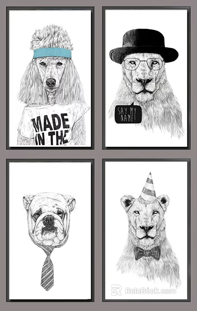 Animal Drawings Featuring Dog in T-shirt Lion with Sign Bulldog and Party Hat Lion 3d model 