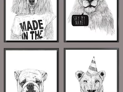 Animal Drawings Featuring Dog in T-shirt Lion with Sign Bulldog and Party Hat Lion 3d model