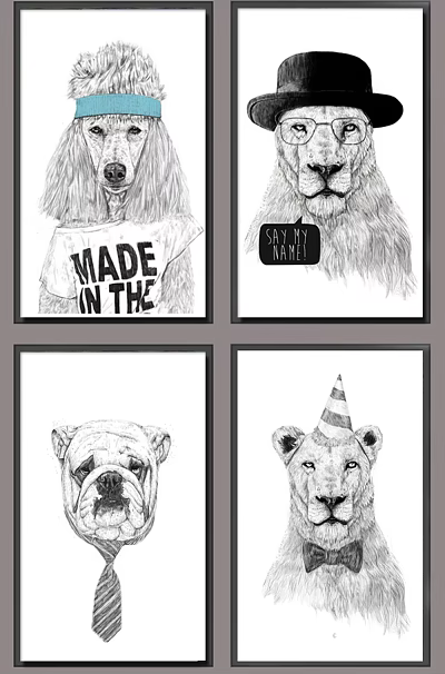 Animal Drawings Featuring Dog in T-shirt Lion with Sign Bulldog and Party Hat Lion 3d model