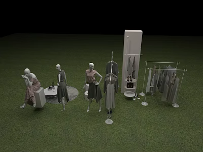 Fashion Mannequins Showcasing Clothes On Green Grass With Clothing Racks And Black Background 3d model