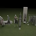 Fashion Mannequins Showcasing Clothes On Green Grass With Clothing Racks And Black Background