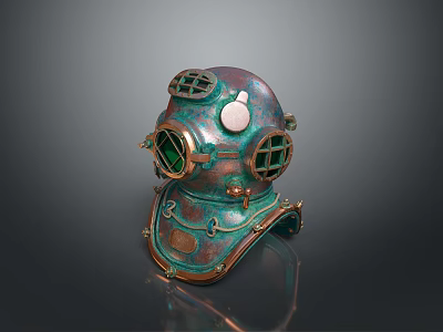 Vintage Copper Green Diving Helmet Weapon Design With Round View Windows And Metal Parts 3d model