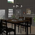 Warm Dining Room Setup With Wooden Table Black Chairs Tableware Flower Arrangement And Fireplace