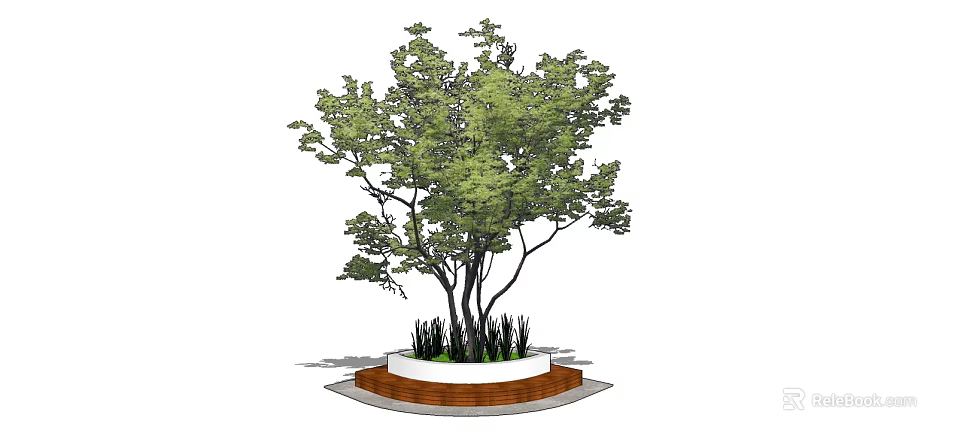 Circular Tree Planter With Wooden Edge And Leafy Trees Surrounding Greenery 3d model 