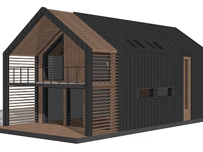 Modern Detached House Exterior With Black Roof And Wooden Balcony Design 3d model