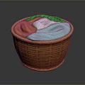 Plush Animal Toy In Woven Basket With Colorful Fabric Layers