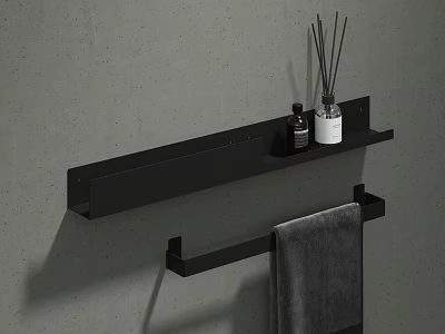 Wall Mounted Bathroom Shelf with Towel Rack Fragrance Sticks and Gray Towel on Gray Wall 3d model