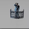 Man in blue suit waving hand behind blue iron railing with intricate floral design