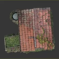 Cartoon Style Dilapidated Cottage With Red Tile Roof Broken Windows Weeds And Moss