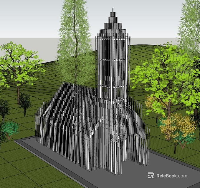 Modern Church Building With Vertical Metal Strips And Surrounding Green Trees 3d model 