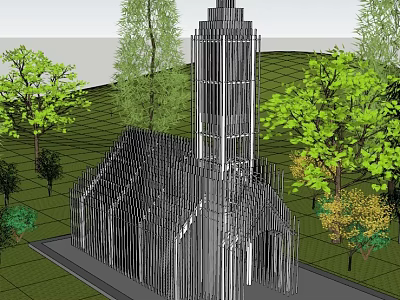 Modern Church Building With Vertical Metal Strips And Surrounding Green Trees 3d model